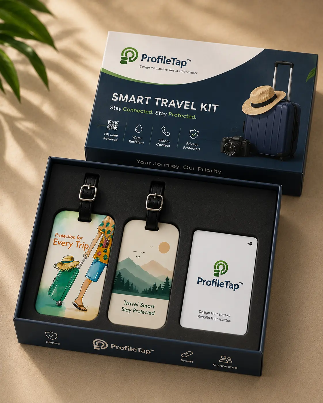 The ProfileTap Travel Safety Kit — luggage tags and emergency profile card