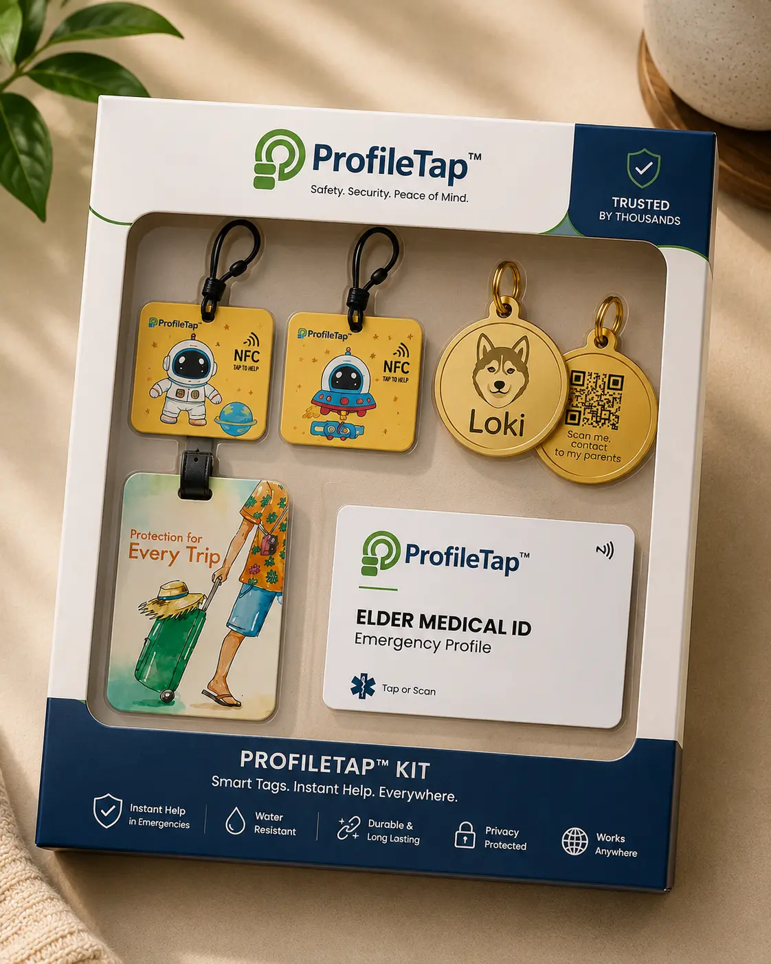 An Indian family — children, elders and a pet — protected by ProfileTap Family Safety Bundle QR tags