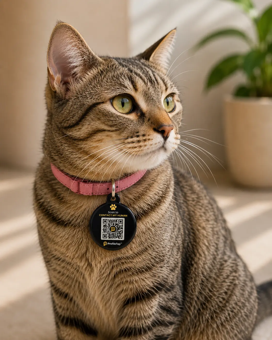 A dog wearing a ProfileTap QR pet tag on its collar