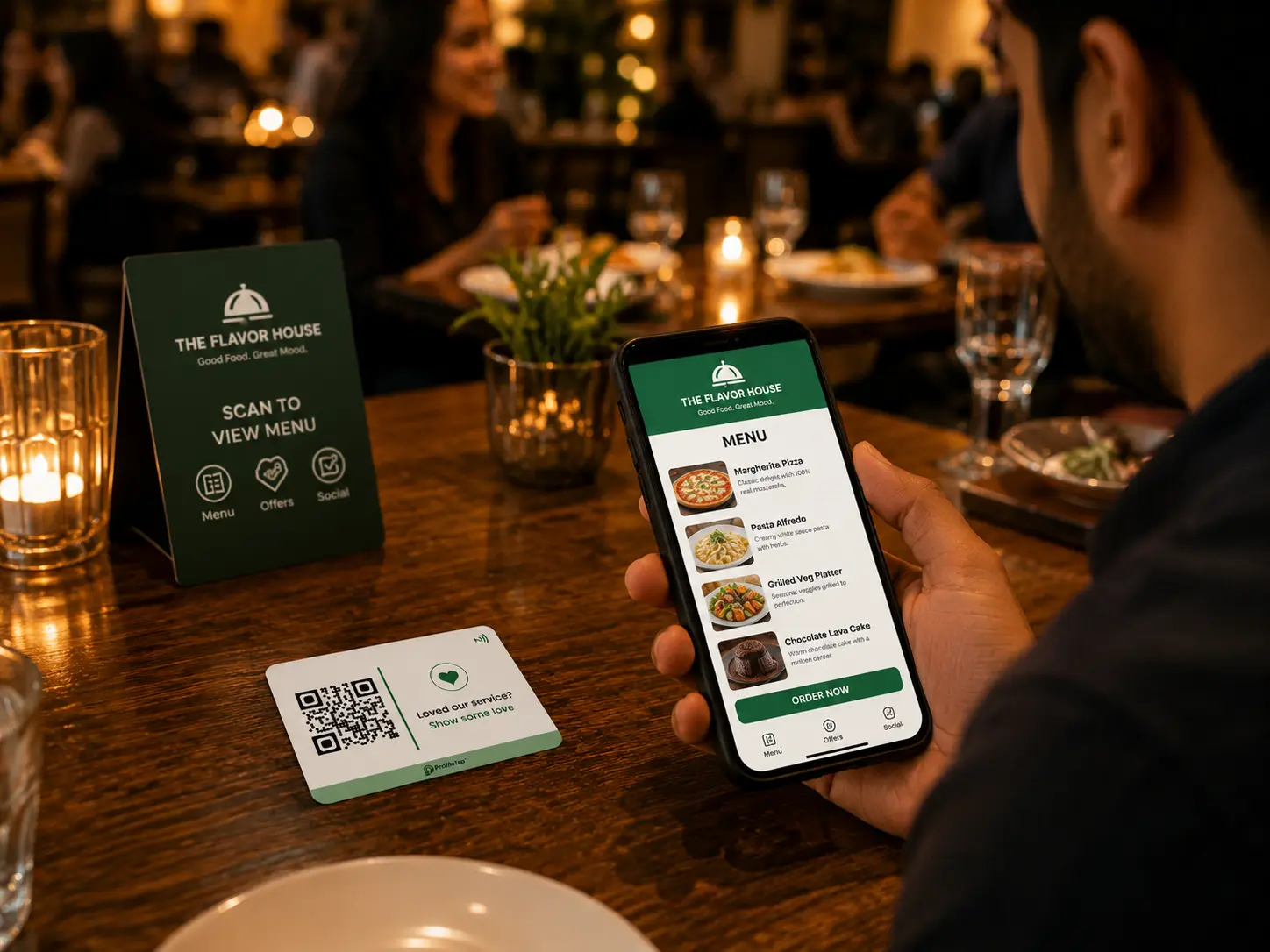 A tap card standing on a restaurant table for customers to scan.