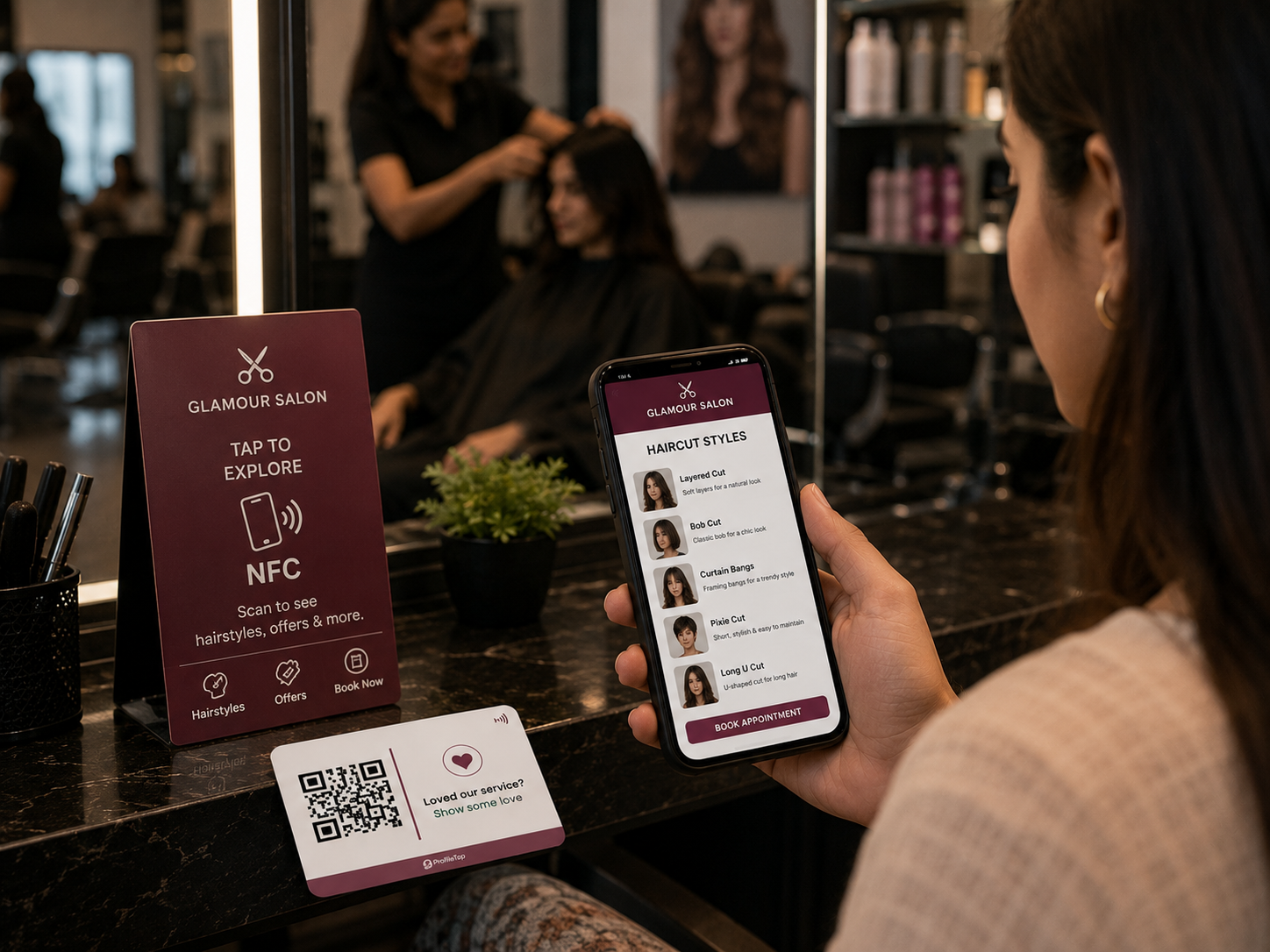 A tap card on a salon reception counter.