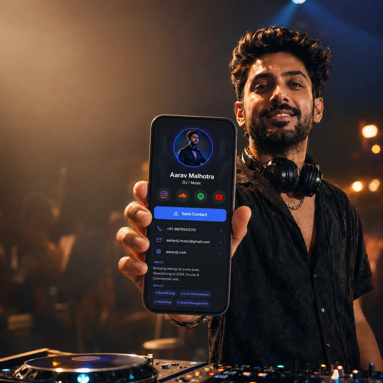 A DJ sharing a ProfileTap digital visiting card with an event manager after a set