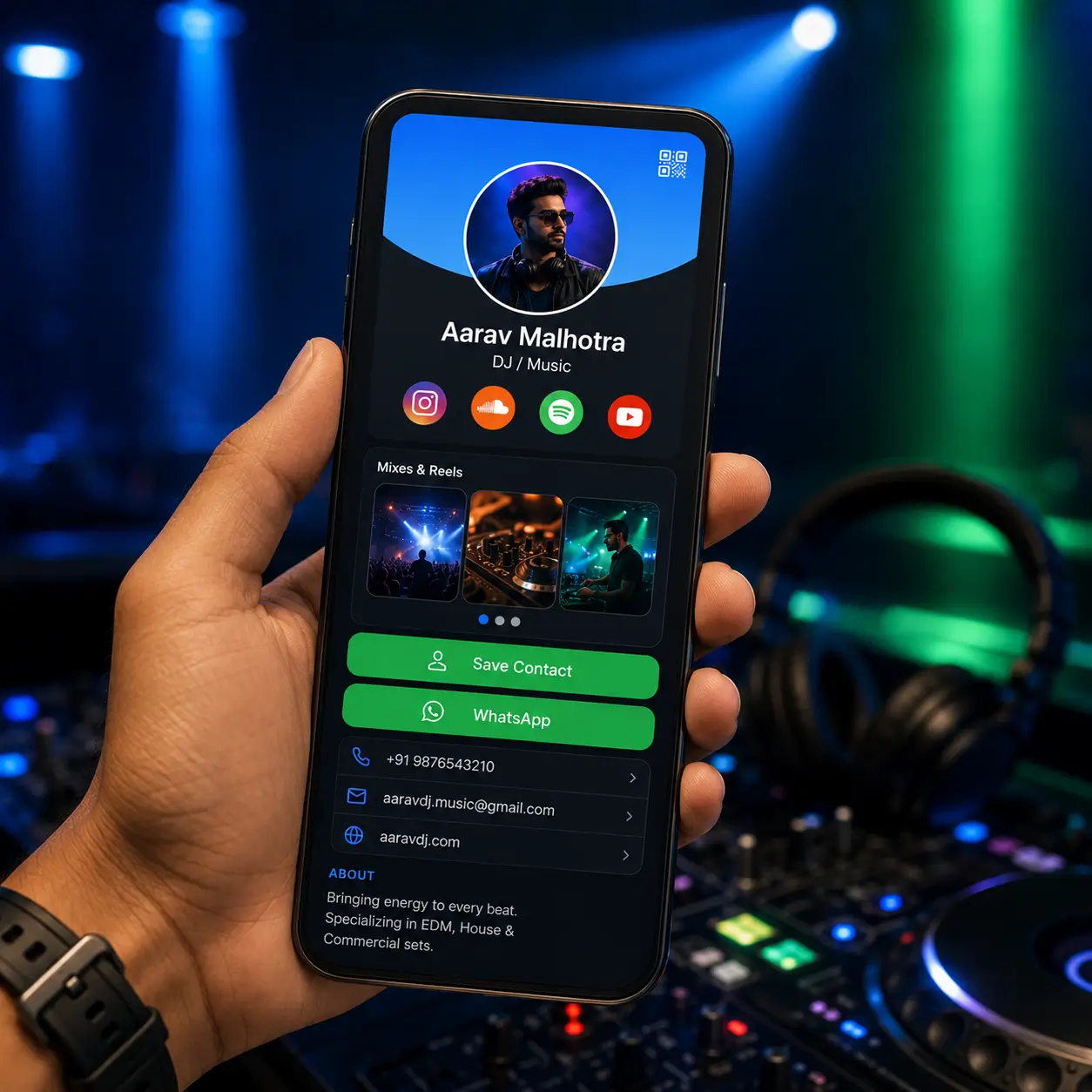A DJ's ProfileTap profile on a phone showing mixes, showreel and WhatsApp