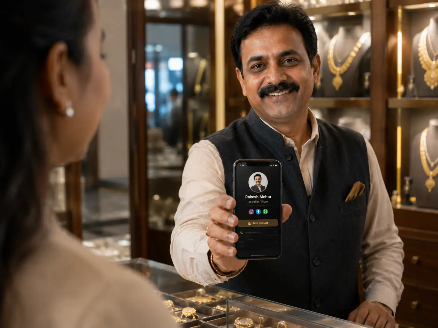 A jeweller sharing a ProfileTap digital visiting card with a customer at the showroom counter