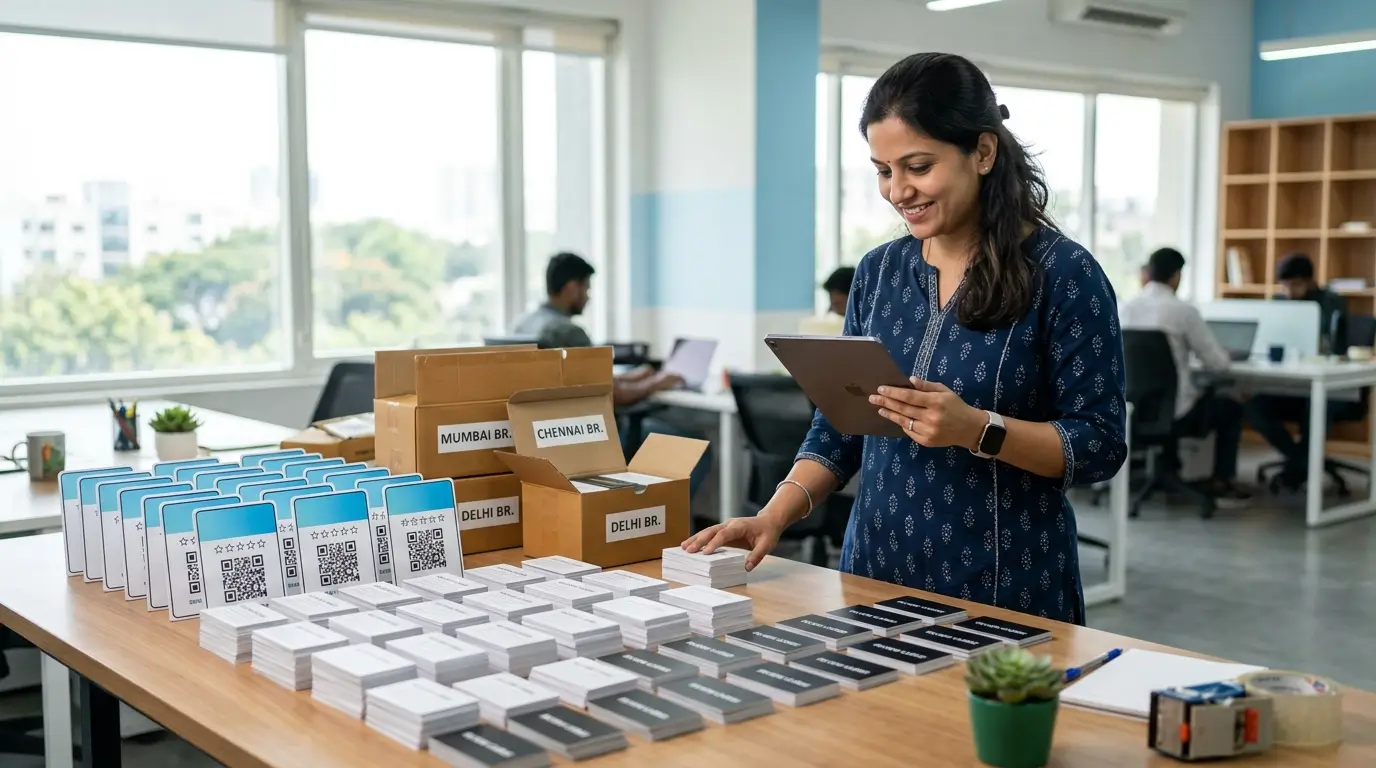 A bulk order of ProfileTap Google review cards and standees packed for multi-branch dispatch across India