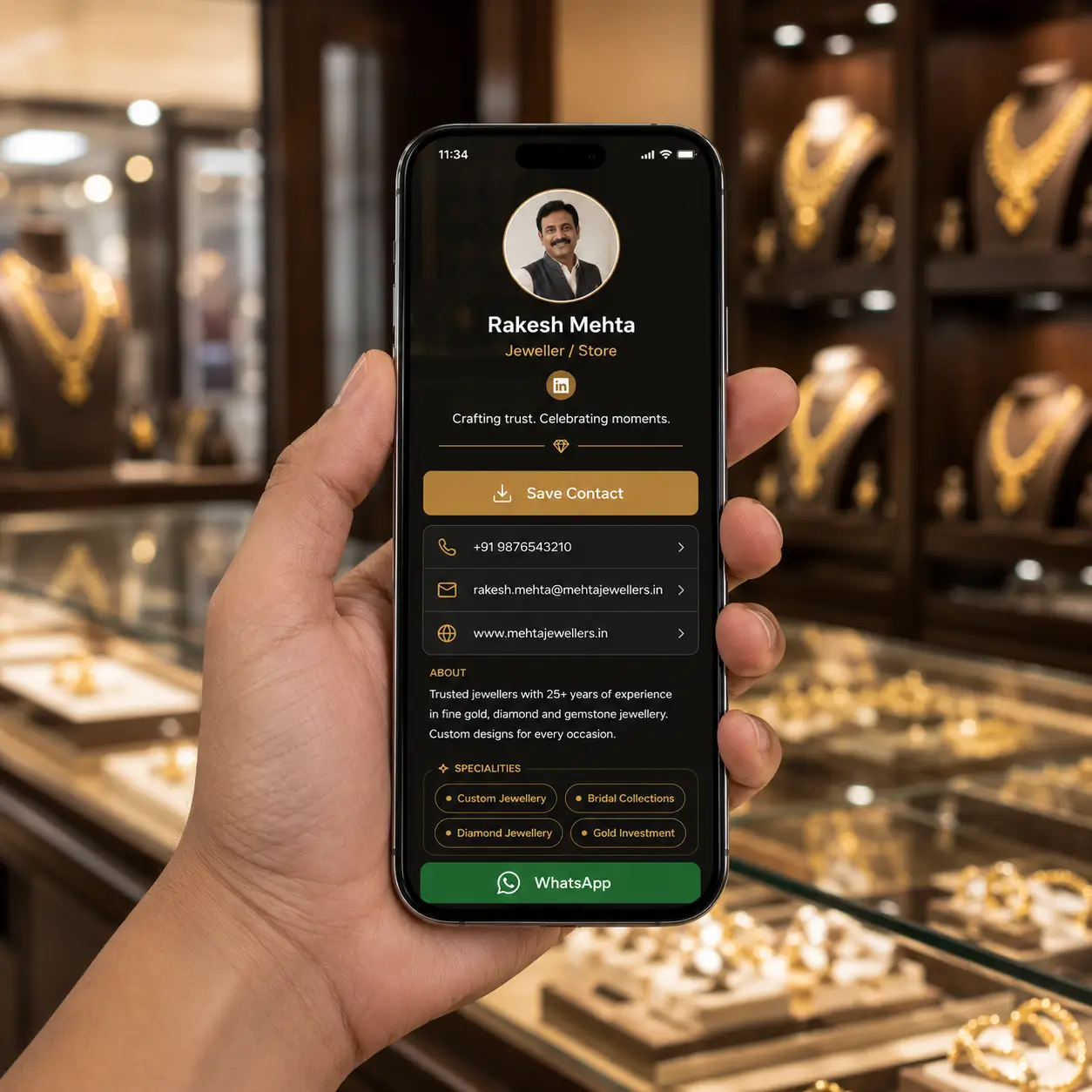 A jeweller's ProfileTap profile on a phone showing collections, showroom and WhatsApp