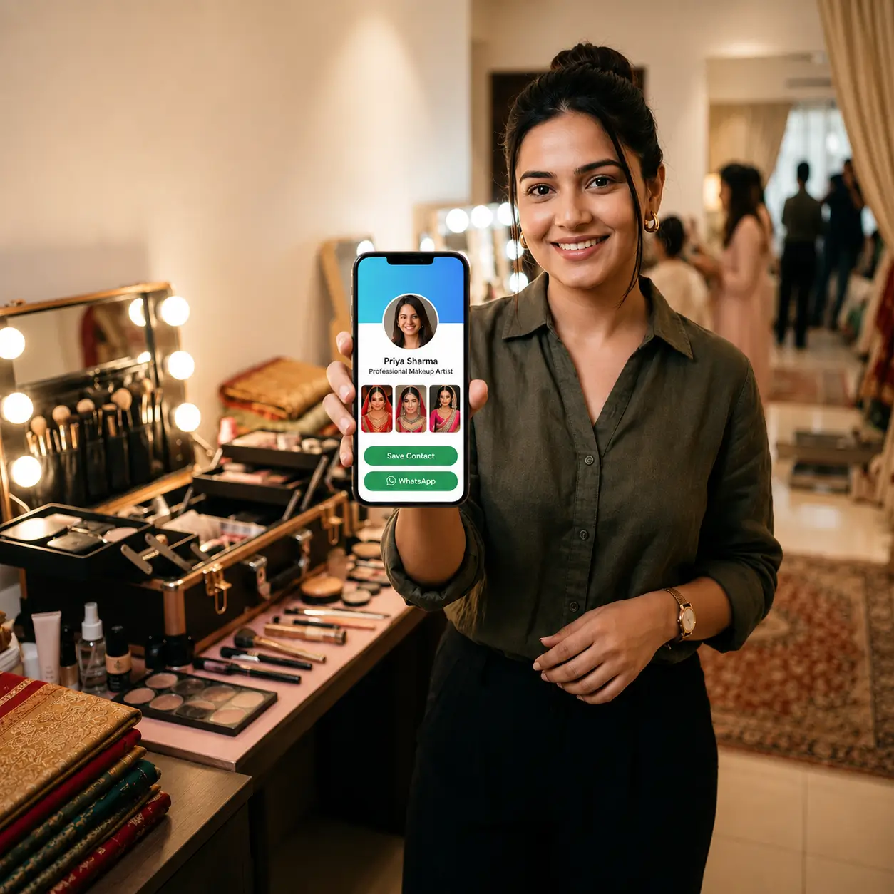 A makeup artist in India sharing a ProfileTap digital visiting card with portfolio at a bridal event