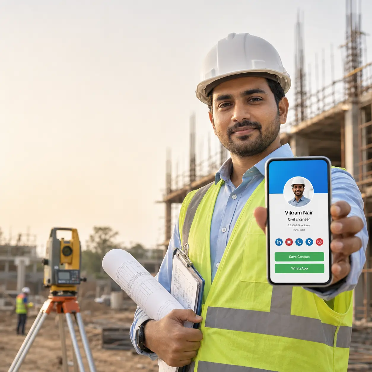 An engineer in India sharing a ProfileTap digital visiting card with a client at a project site