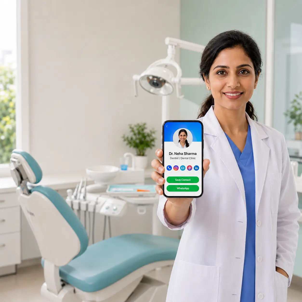 A dentist in India sharing a ProfileTap digital visiting card with a patient at the clinic