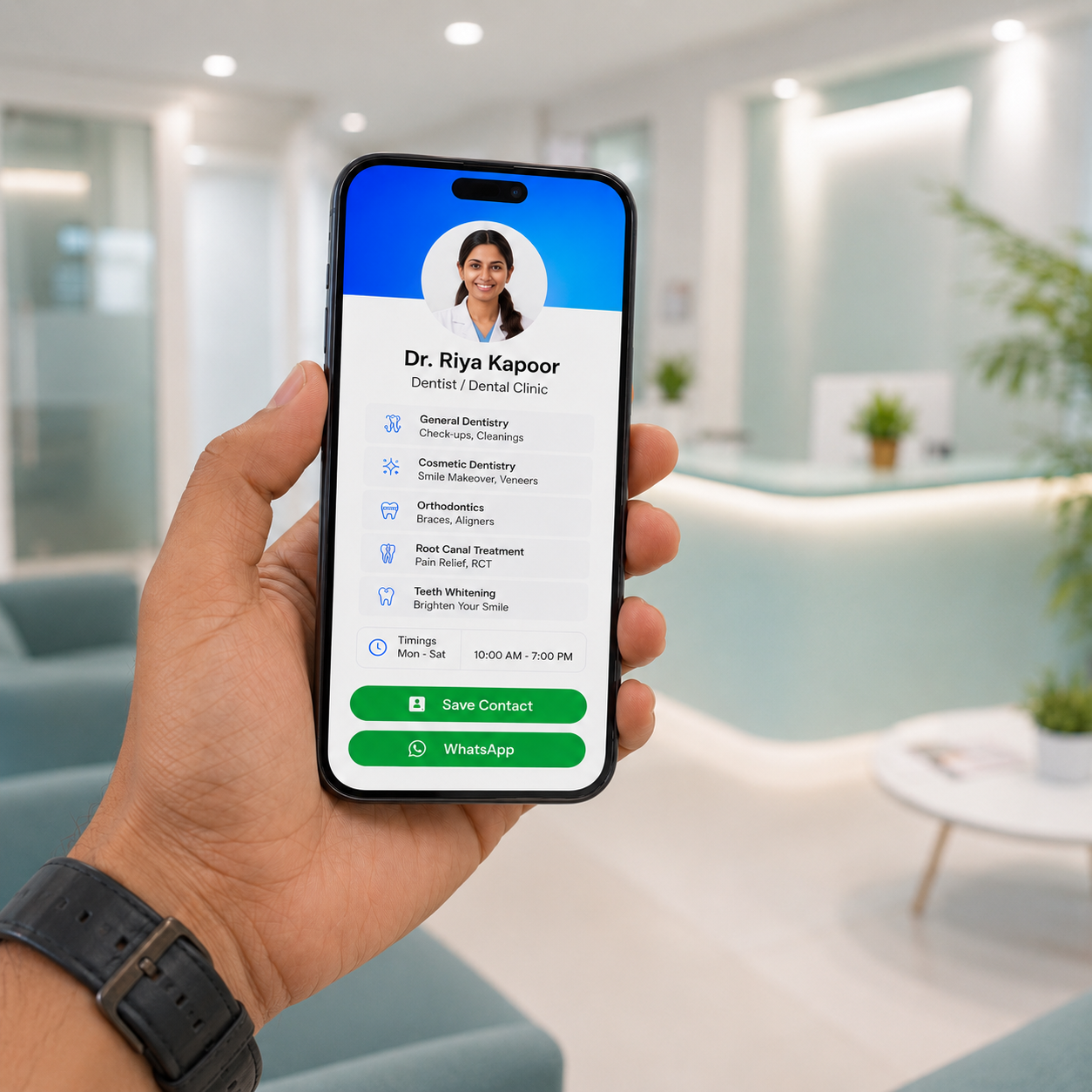 A dentist's ProfileTap profile on a phone showing treatments, clinic timings and WhatsApp