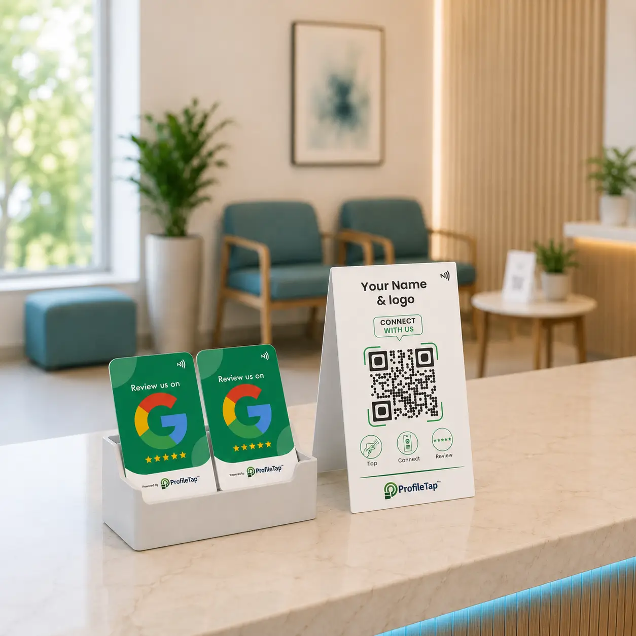 Review cards and a standee placed across a clinic reception, cabins and waiting area