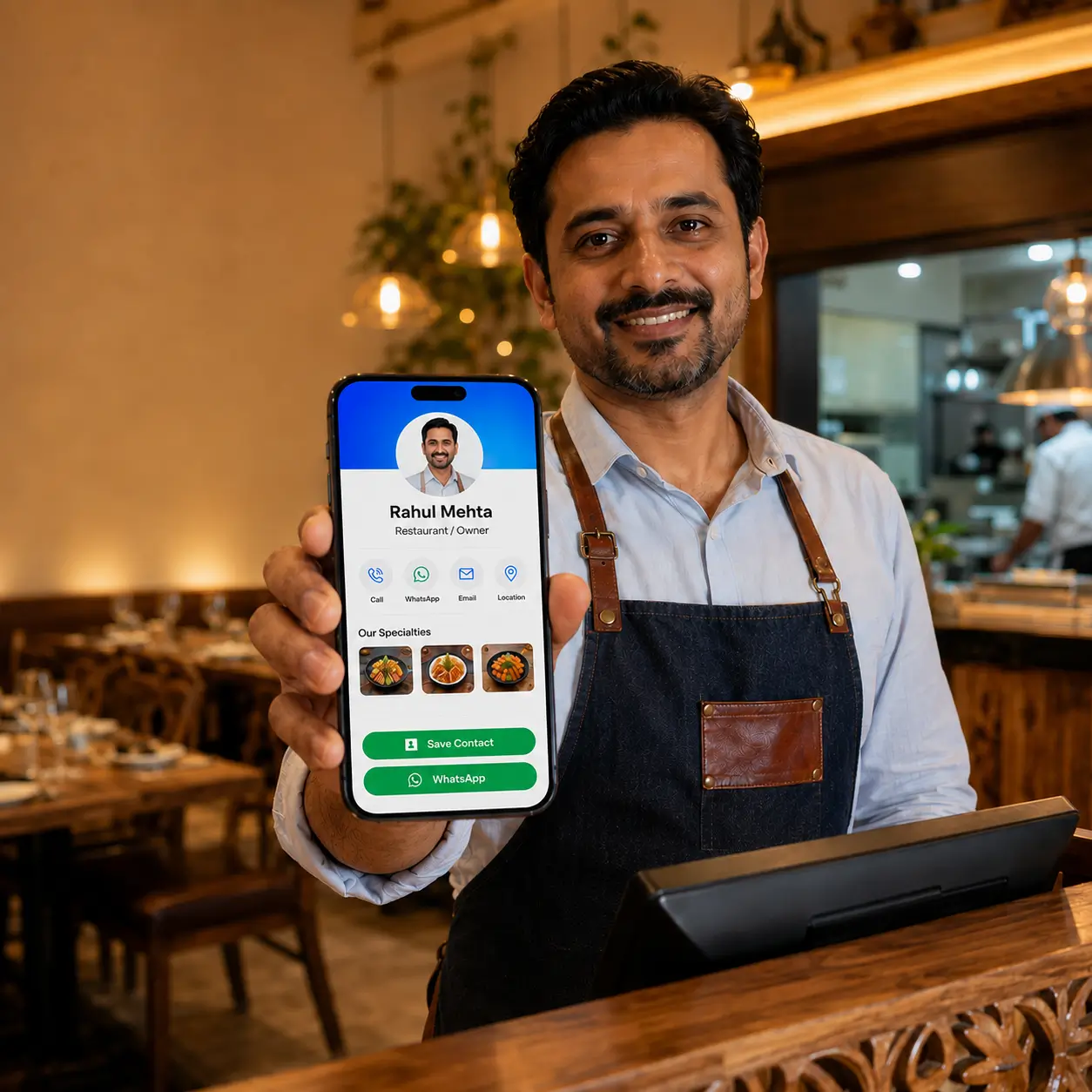 A restaurant owner sharing a ProfileTap digital visiting card with a guest at the counter