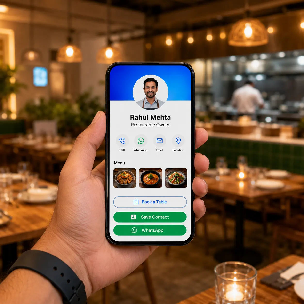 A restaurant owner's ProfileTap profile on a phone showing menu, location and WhatsApp