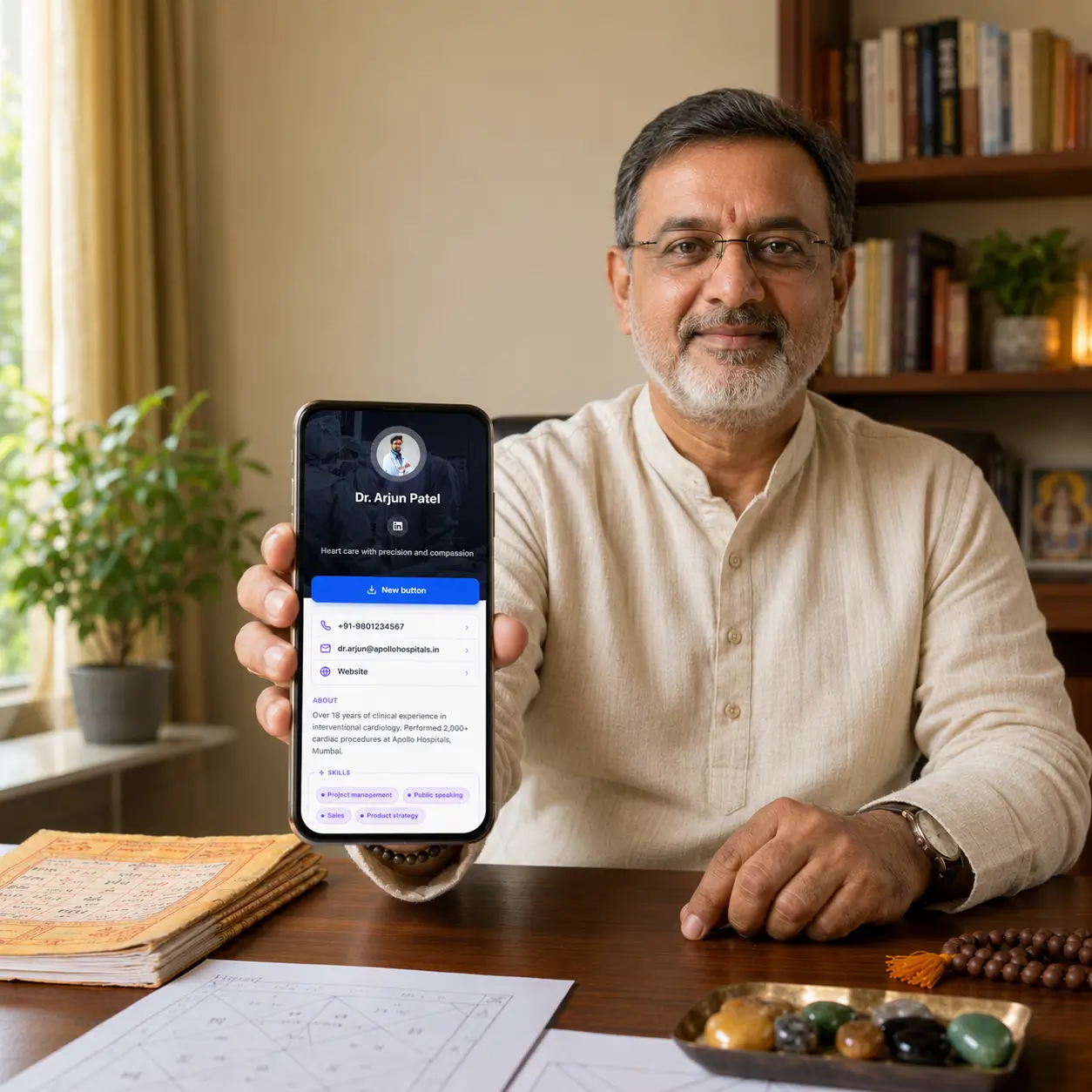 An astrologer in India sharing a ProfileTap digital visiting card with a client after a consultation