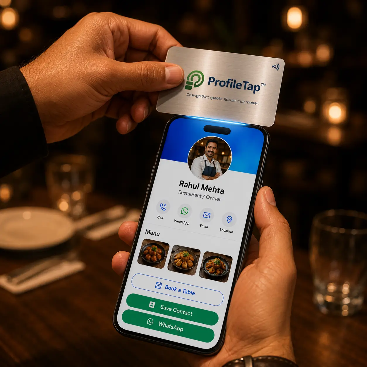 A ProfileTap restaurant profile on a phone showing menu, table booking and WhatsApp
