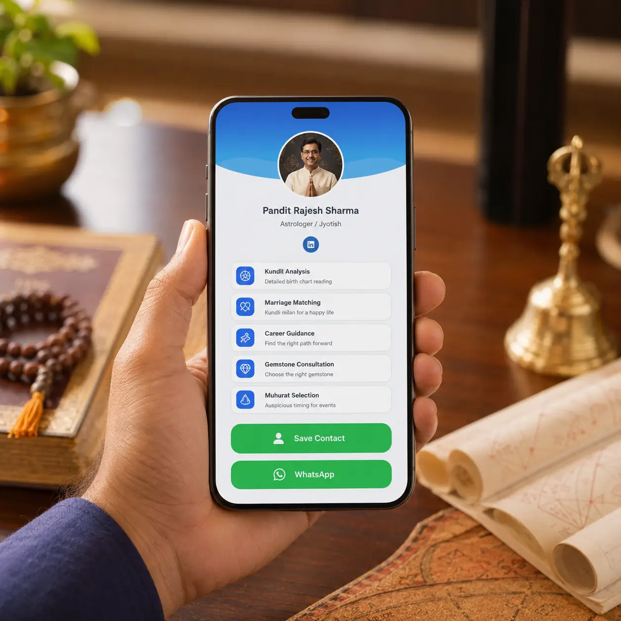 An astrologer's ProfileTap profile on a phone showing consultation details and WhatsApp
