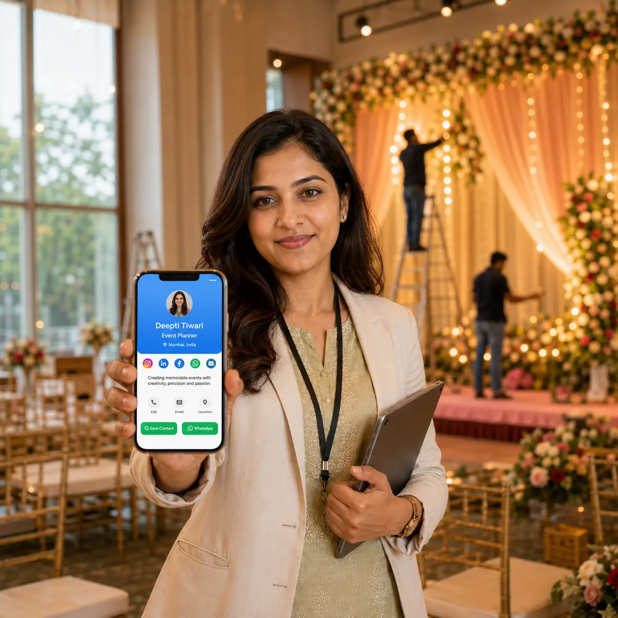 An event planner in India sharing a ProfileTap digital visiting card with a client family at a venue