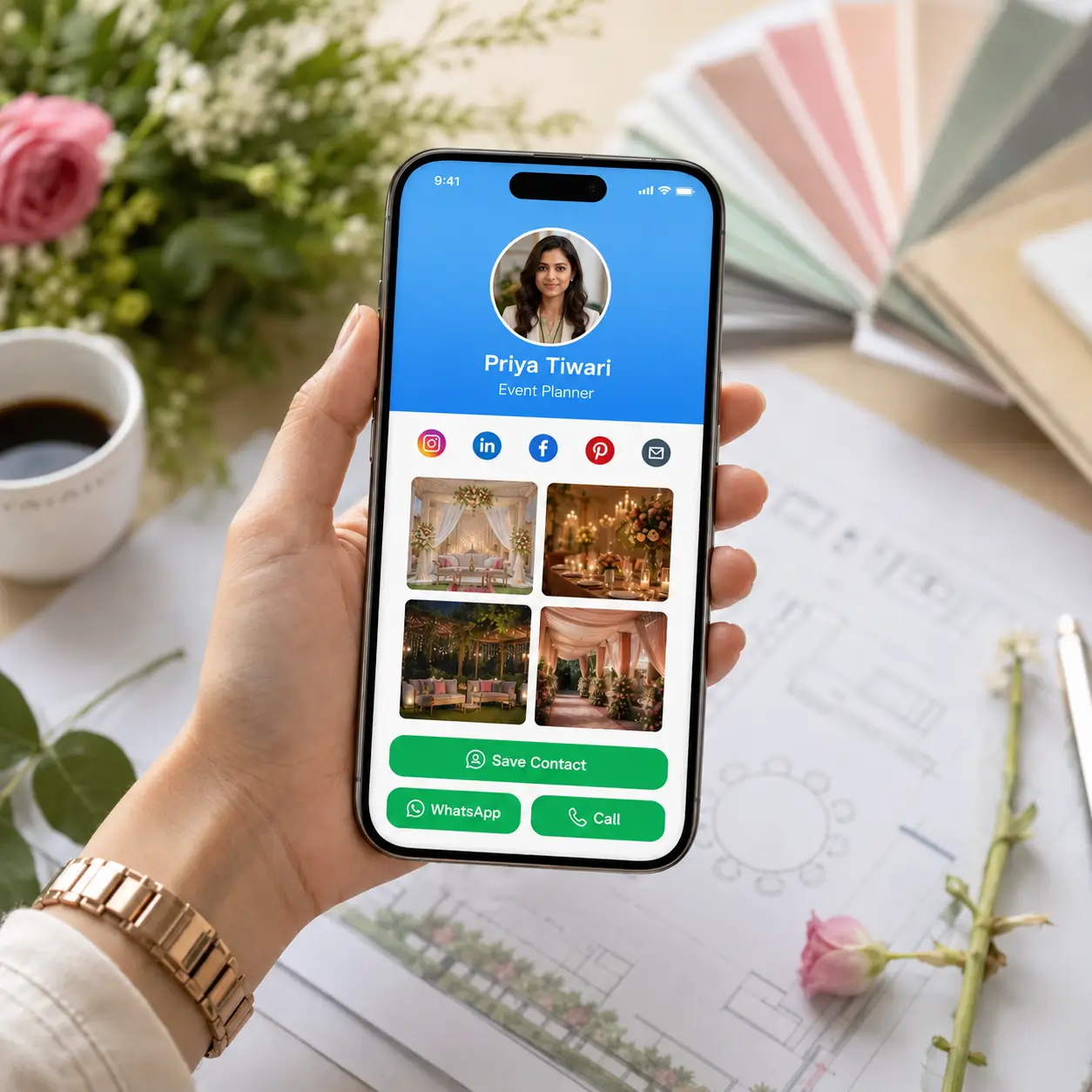 An event planner's ProfileTap profile on a phone showing packages, portfolio and WhatsApp