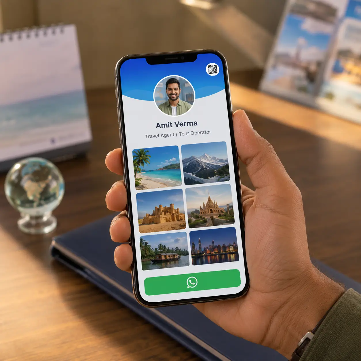 A travel agent's ProfileTap profile on a phone showing packages and a WhatsApp button