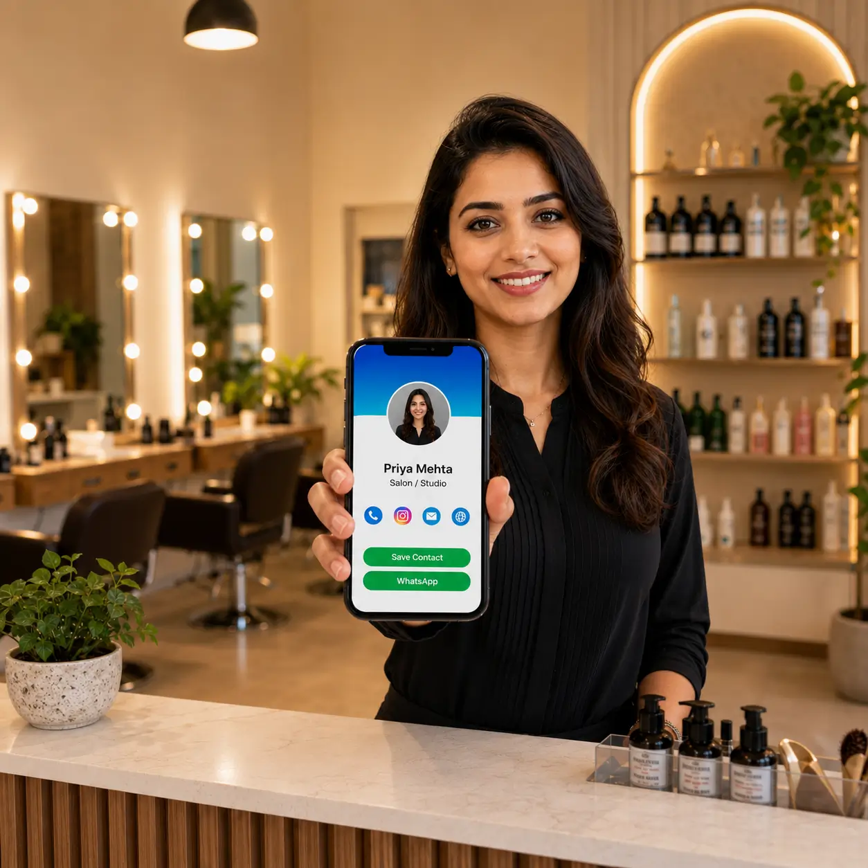A salon owner sharing a ProfileTap digital visiting card with a client at the reception desk