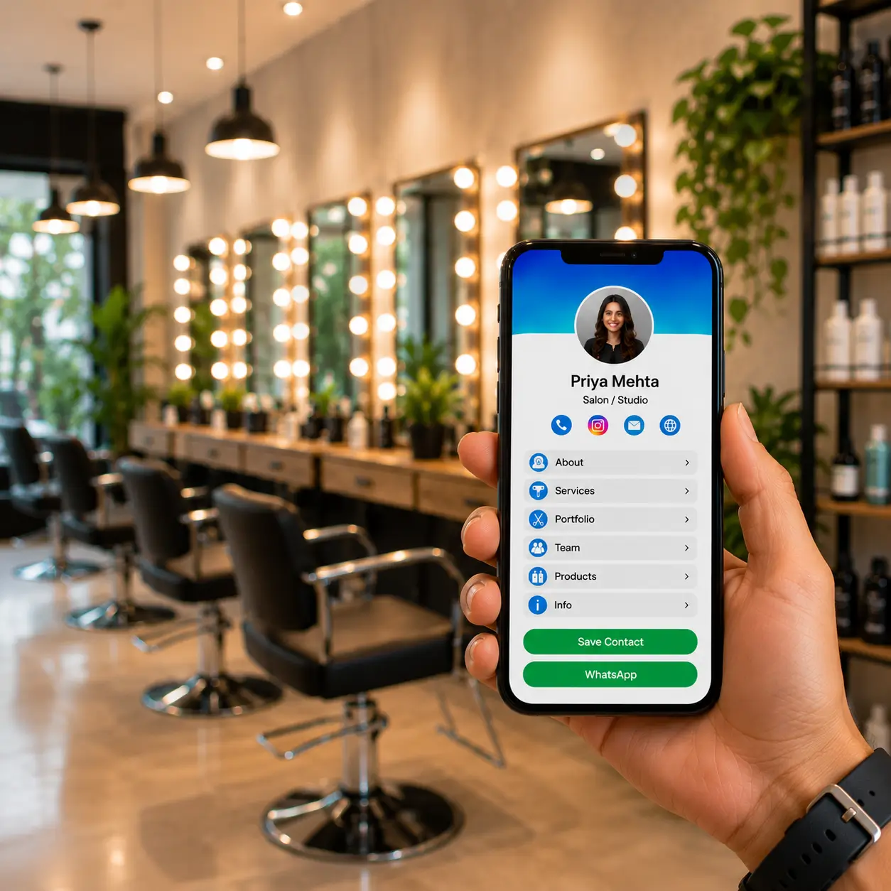 A salon owner's ProfileTap profile on a phone showing services, rates and WhatsApp booking