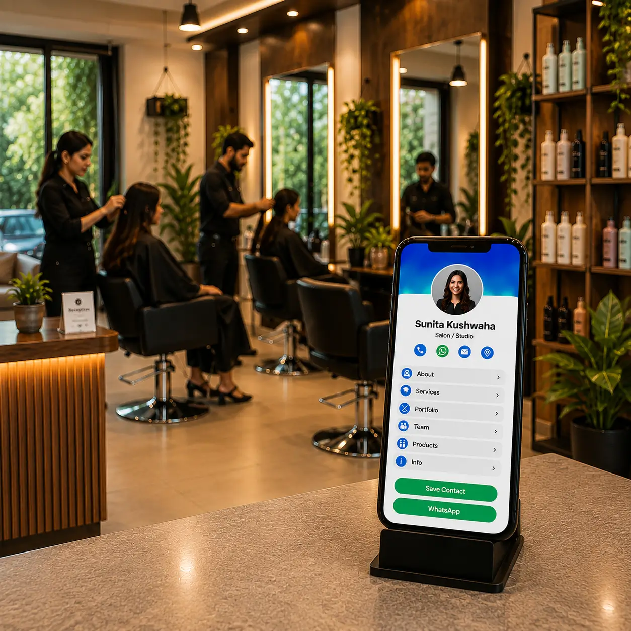 A ProfileTap salon profile on a phone showing services, rate card and WhatsApp booking