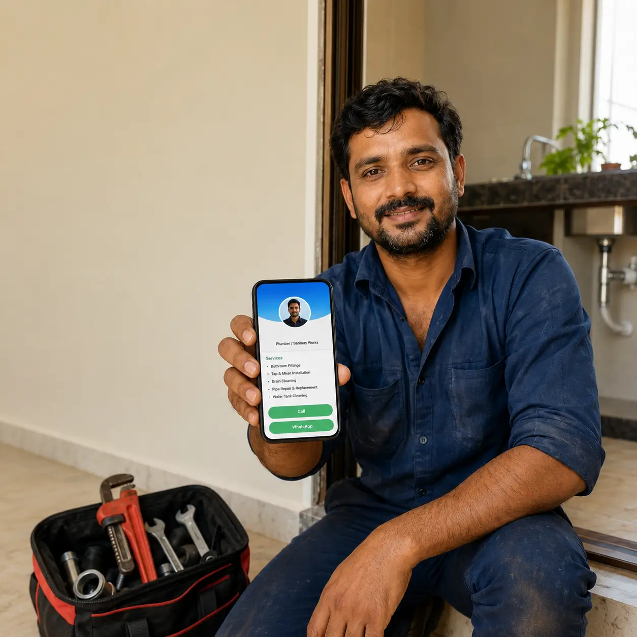A plumber sharing a ProfileTap digital visiting card with a customer after finishing a job