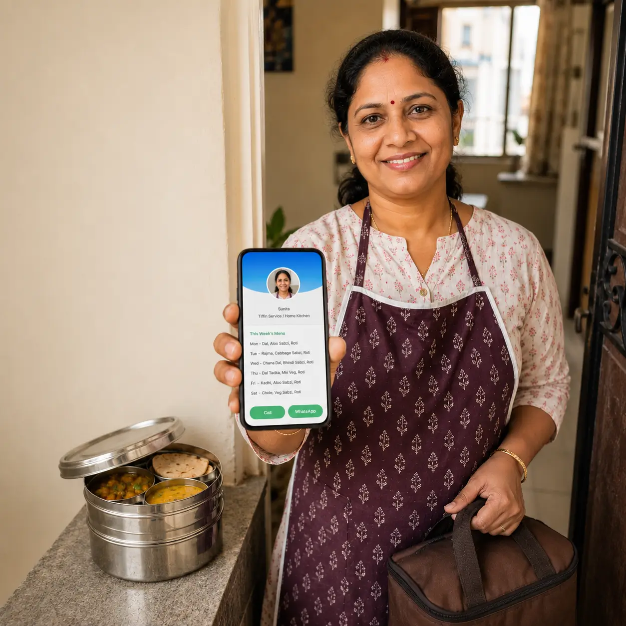 A tiffin service owner sharing a ProfileTap digital visiting card with a customer at delivery