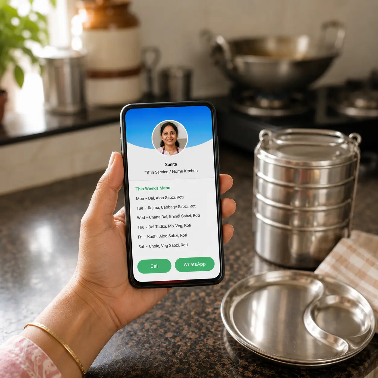 A tiffin service ProfileTap profile on a phone showing the weekly menu and a WhatsApp button