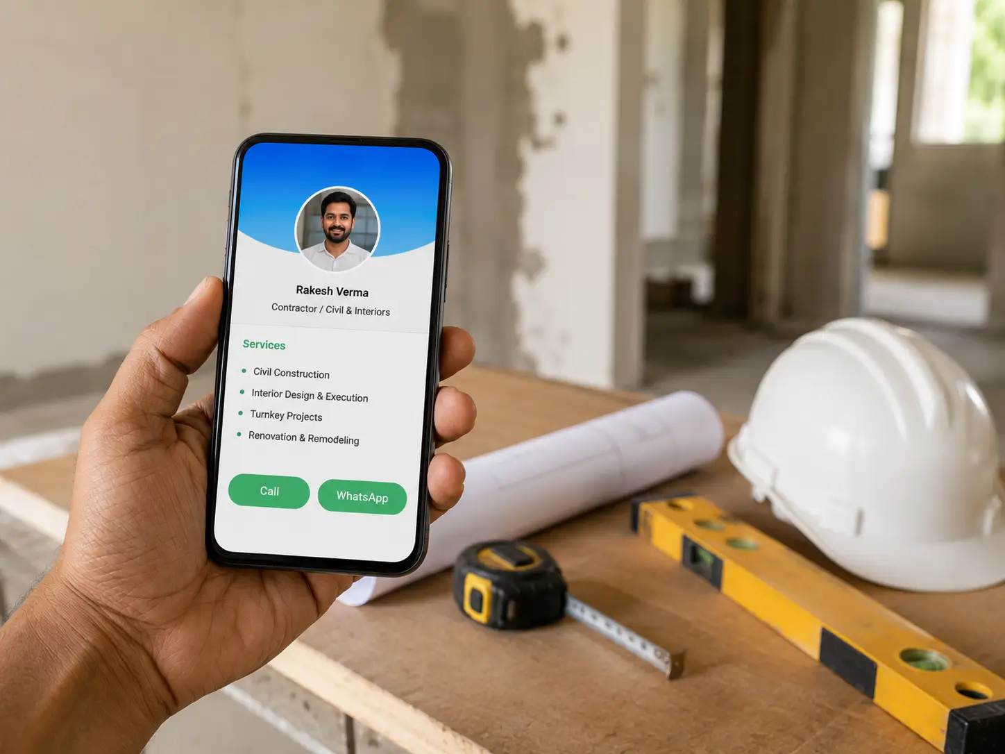 A contractor sharing a ProfileTap digital visiting card with a client at a project site