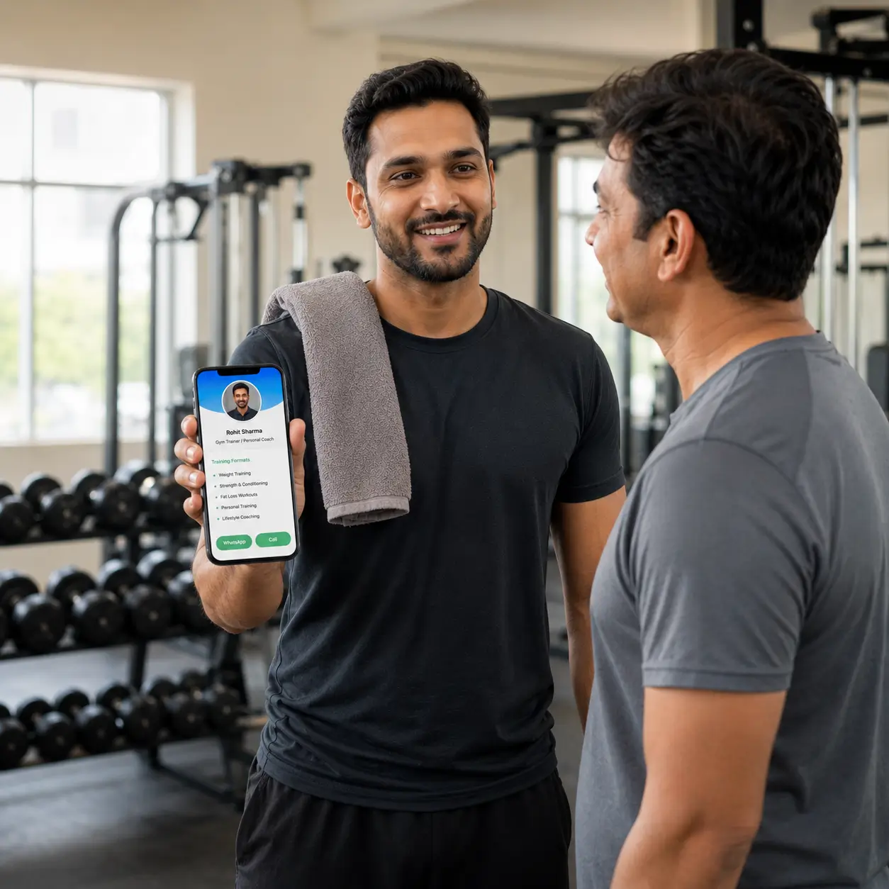 A gym trainer sharing a ProfileTap digital visiting card with a member on the gym floor