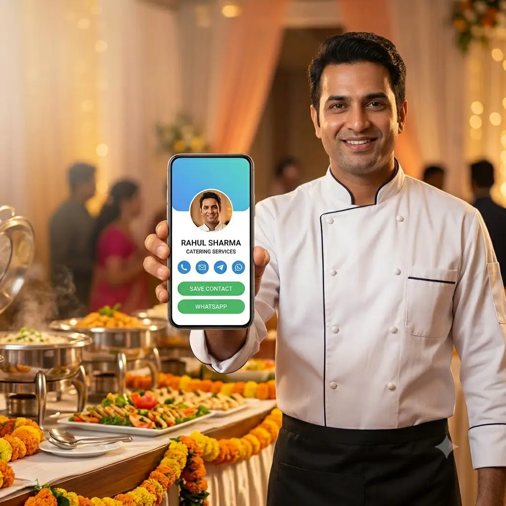 A caterer in India sharing a ProfileTap digital visiting card with menu and food photos at an event