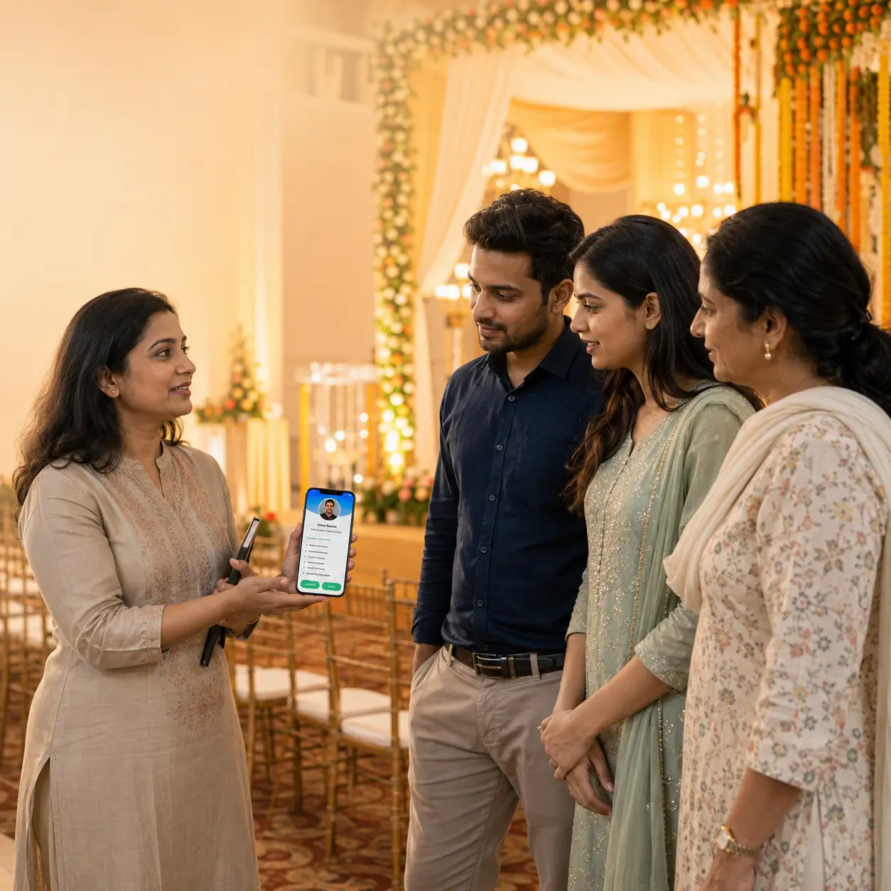 A wedding planner sharing a ProfileTap digital visiting card with a couple and their family