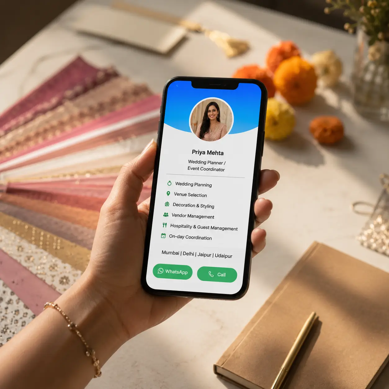 A wedding planner's ProfileTap profile on a phone showing services and a WhatsApp button