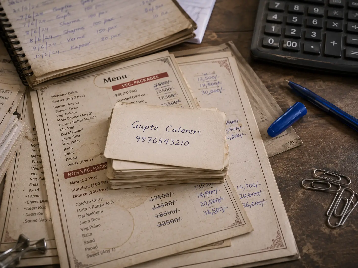 A plain paper visiting card that shows nothing of a caterer's food or menus