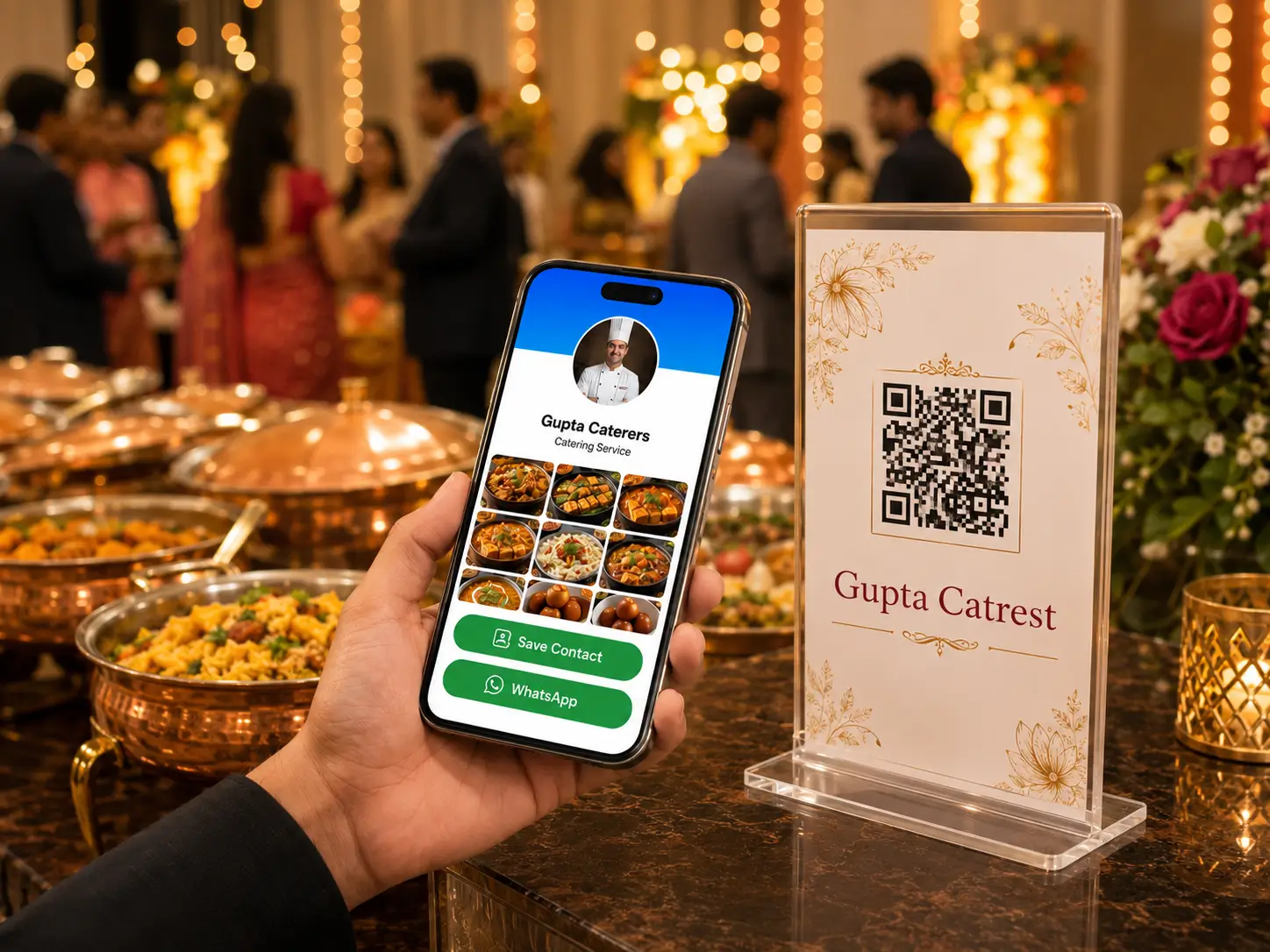A guest viewing a caterer's menu and food photos on a ProfileTap digital profile