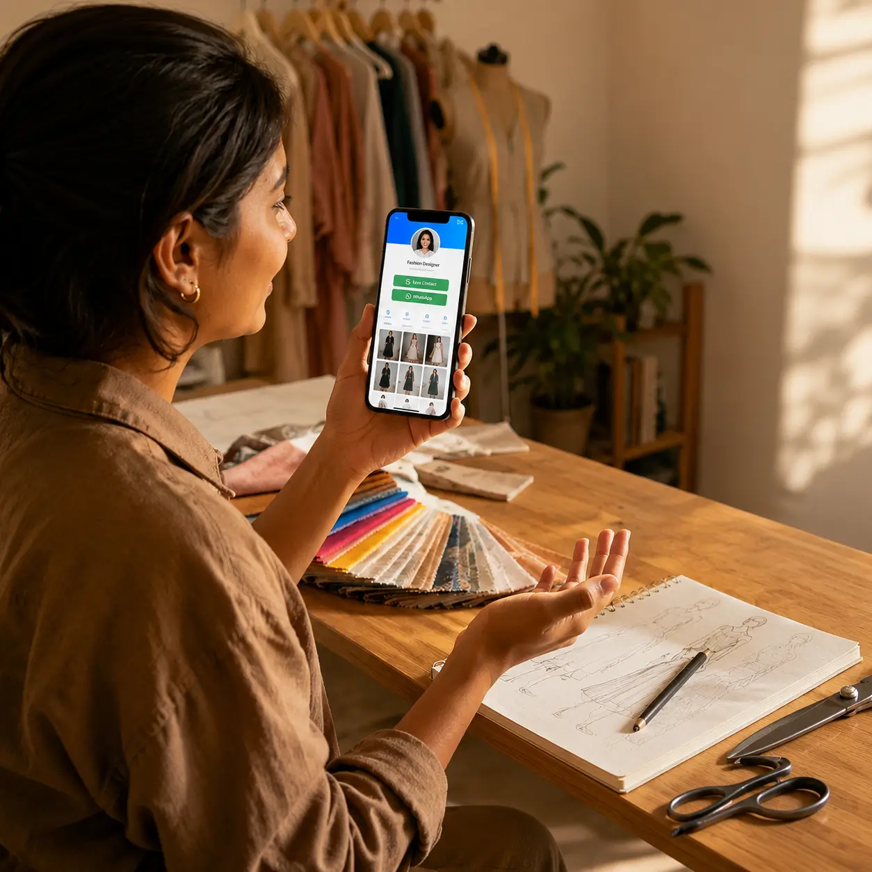 A fashion designer showing a collection lookbook from a ProfileTap digital profile on a phone
