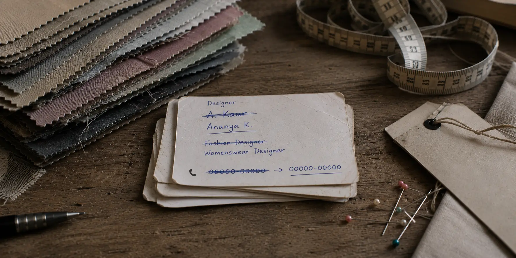 A stack of plain printed visiting cards beside last season's fabric swatches