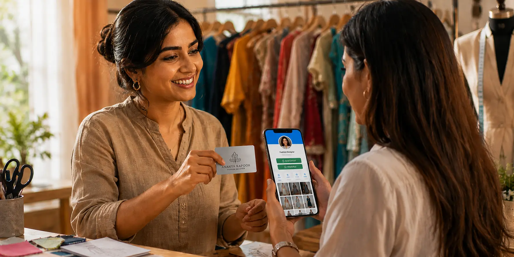 A designer tapping her ProfileTap card on a buyer's phone to open her latest collection