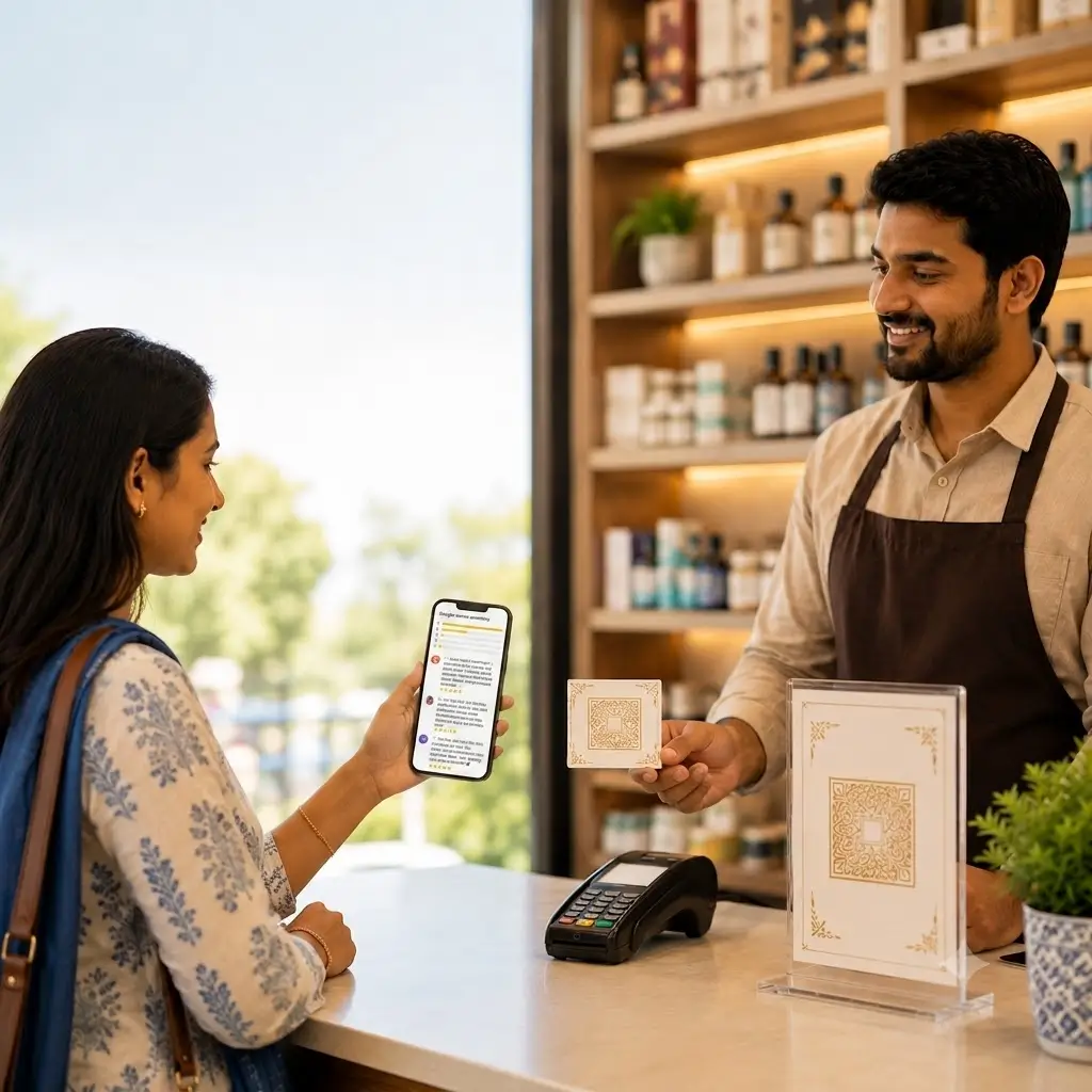 A customer tapping a Google review card at an Indian shop counter to open the review form