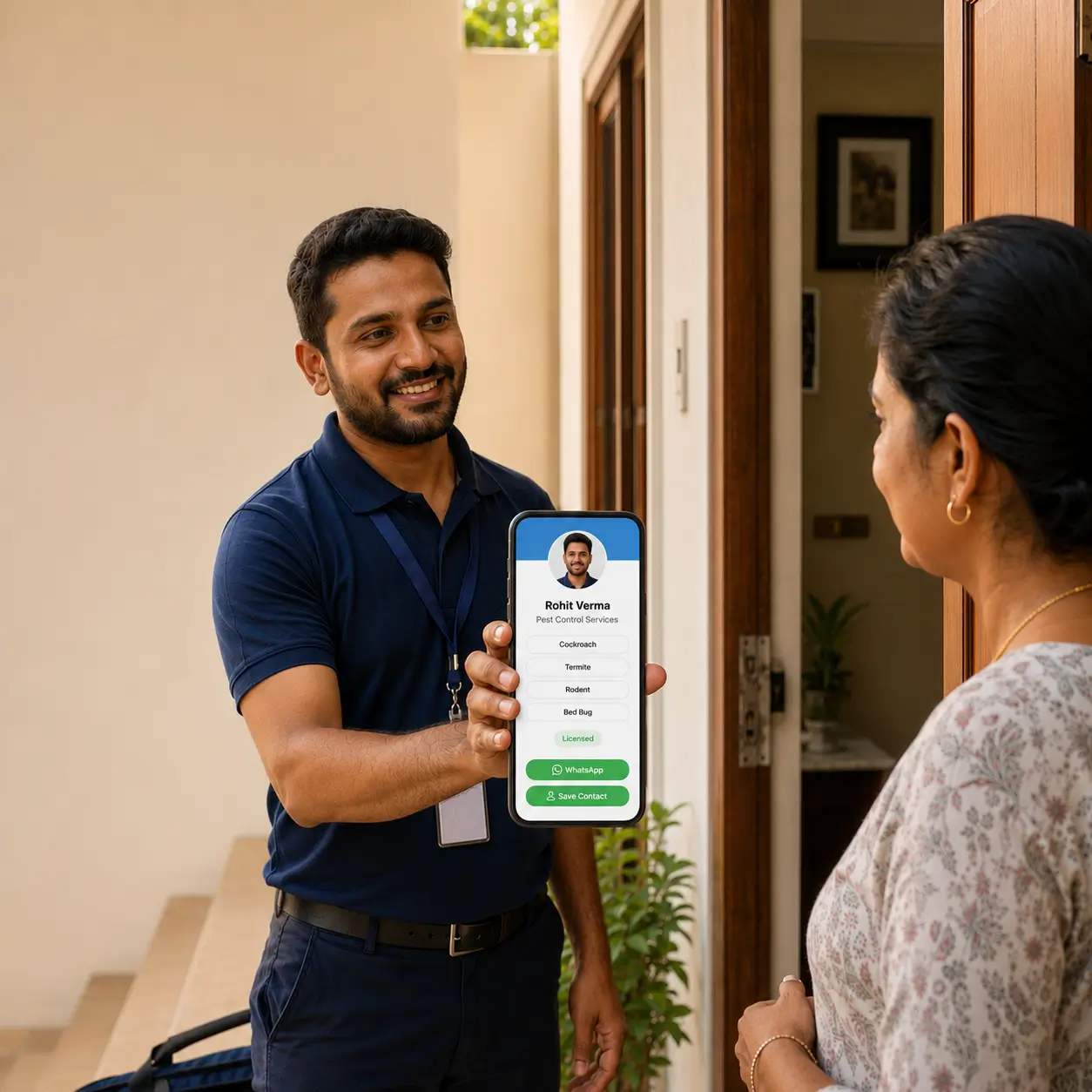 A pest control technician sharing a ProfileTap digital visiting card at a customer's door