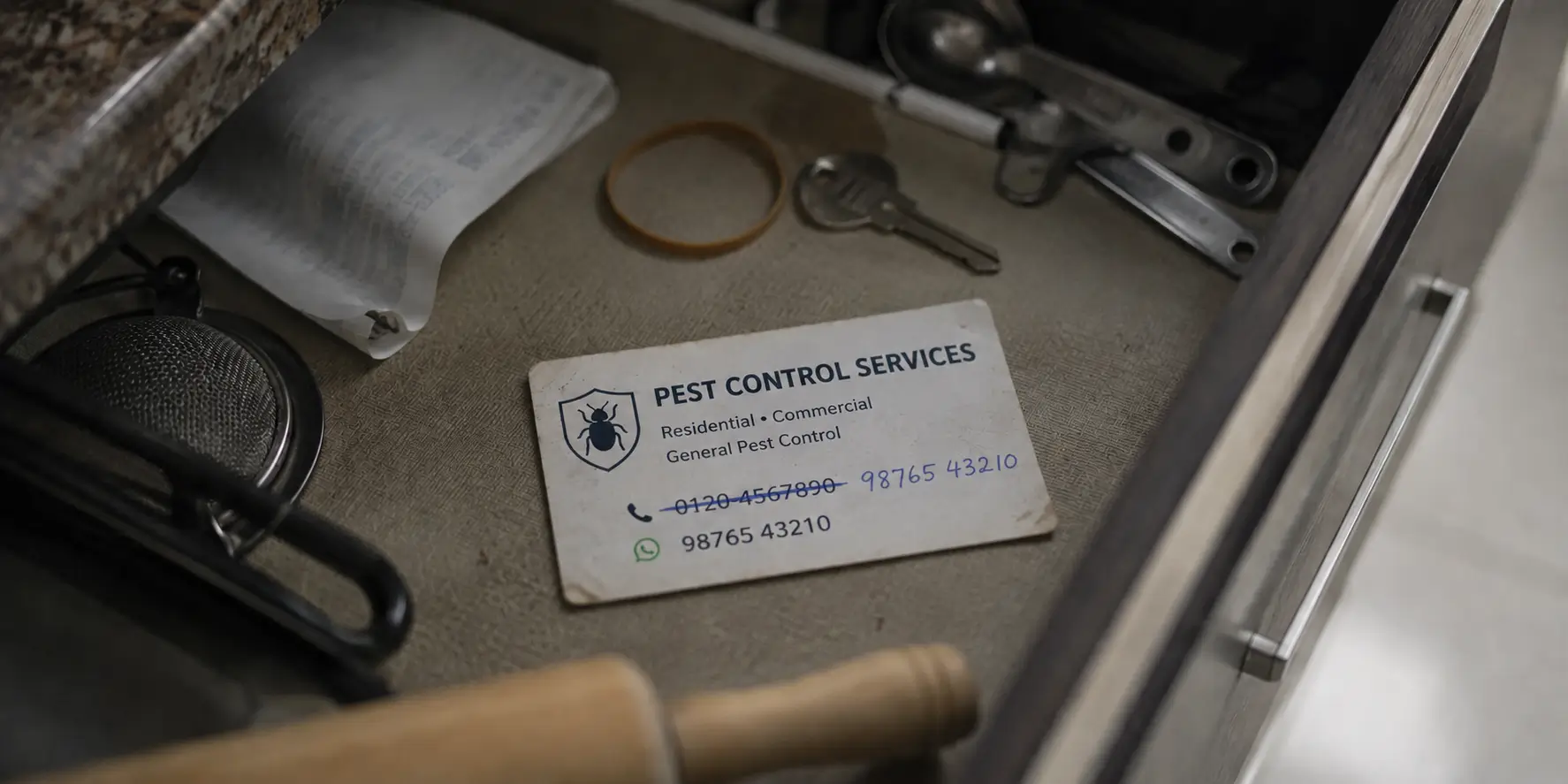 A forgotten pest control visiting card lying at the back of a kitchen drawer