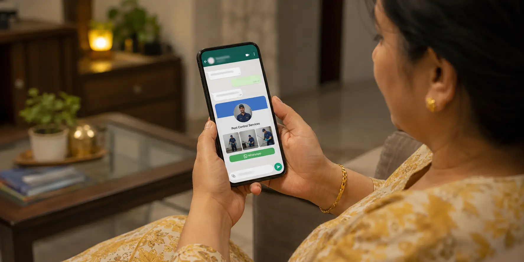 A resident forwarding a pest control company's ProfileTap profile link in a housing society group chat