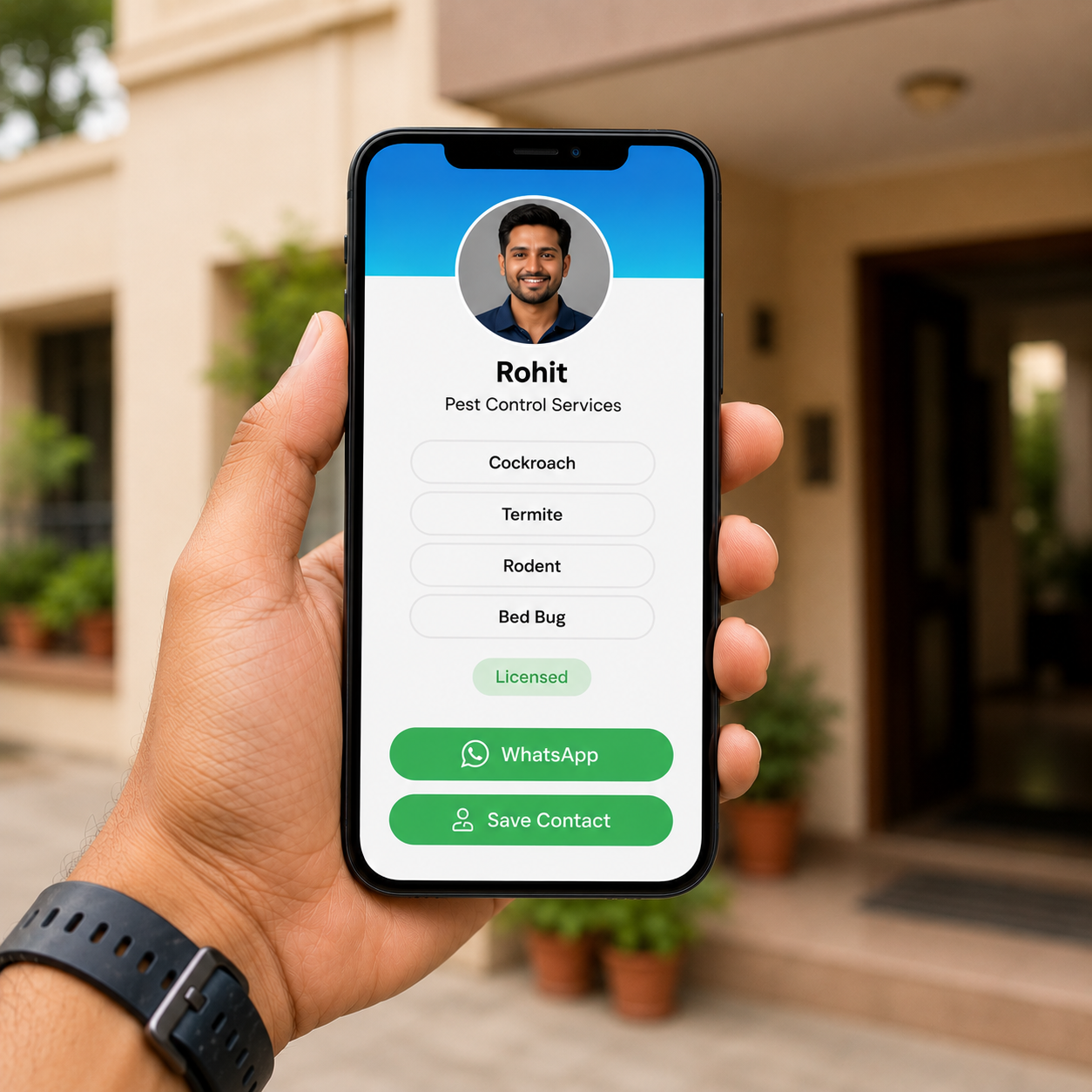 A pest control operator's ProfileTap profile on a phone showing treatments and a WhatsApp button