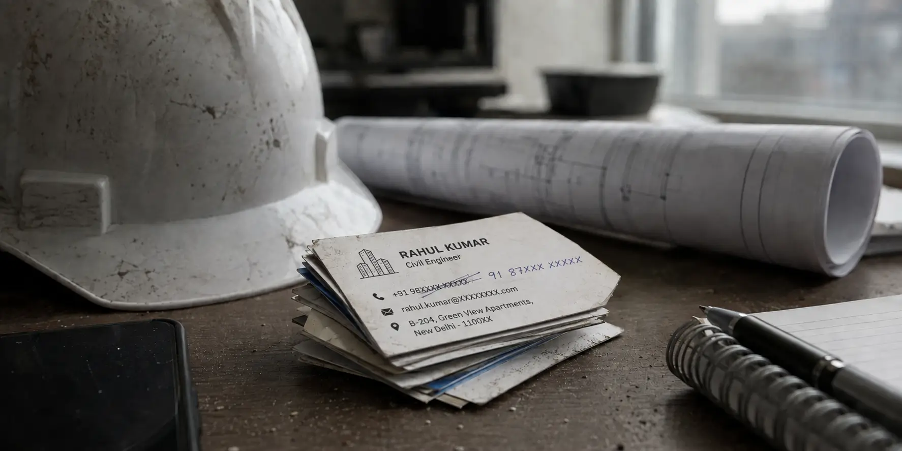 A worn stack of paper visiting cards on an engineer's desk with a crossed-out phone number