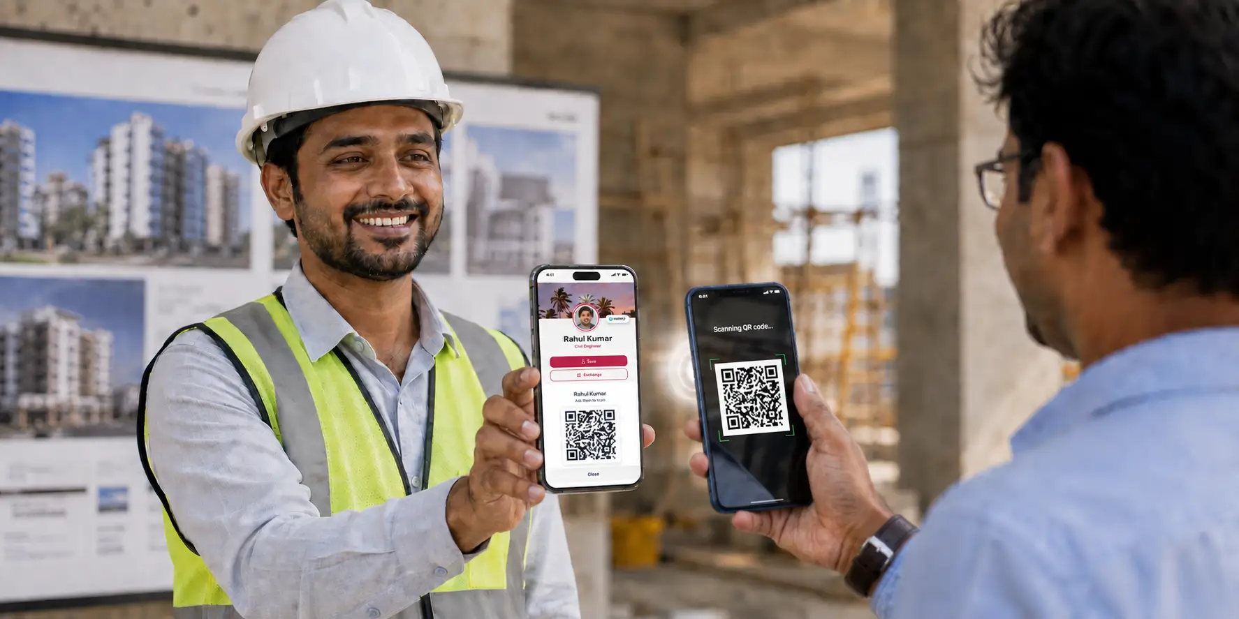 An engineer's live ProfileTap profile with project photos being shared by tap at a site