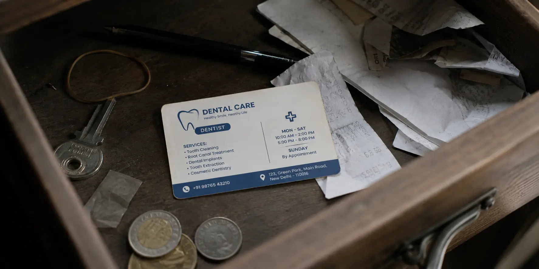 A printed dental clinic card forgotten in a cluttered drawer