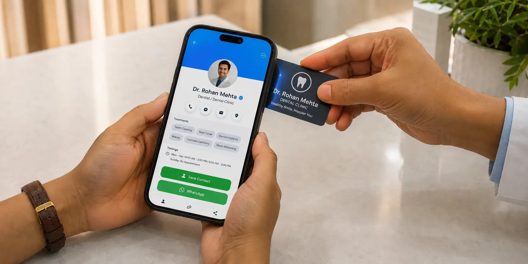 A patient instantly saving a dentist's ProfileTap profile with treatments and clinic timings
