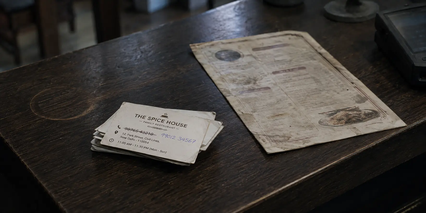 A worn paper restaurant card and a stained menu with a crossed-out phone number