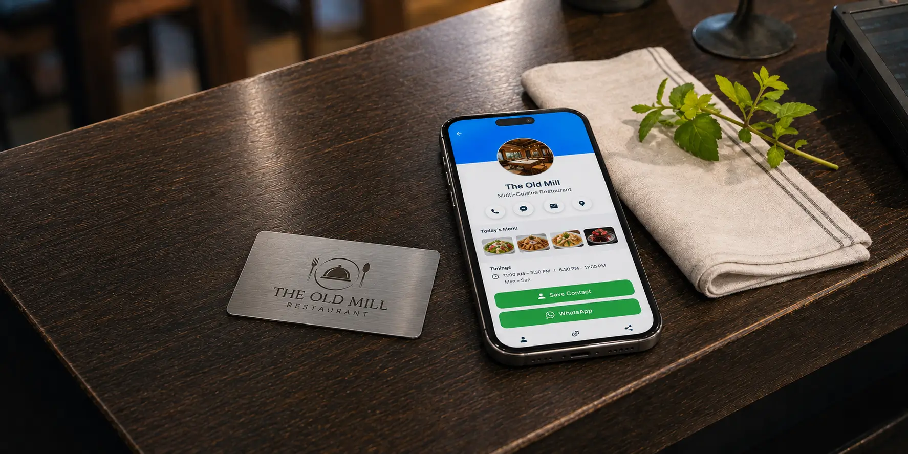 A ProfileTap NFC card beside a phone showing the restaurant's live menu and WhatsApp